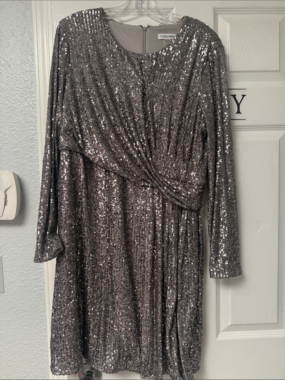 Calvin Klein Silver Sequin Twist-Front Long Sleeve Dress